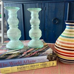 Vintage set of green recycled glass candle holders